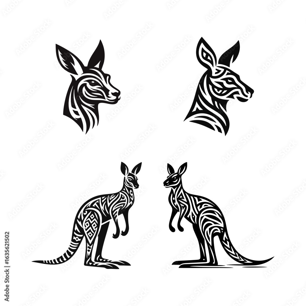 Fototapeta premium Kangaroo Head and Body Vector Silhouette Design