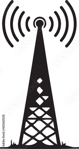 Black Silhouette of a Radio Tower with Signal Waves and Ground Detail communication broadcast