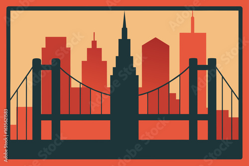 Stylized city skyline with bridge and tall buildings
