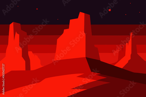 Vibrant red martian landscape with jagged peaks and distant stars