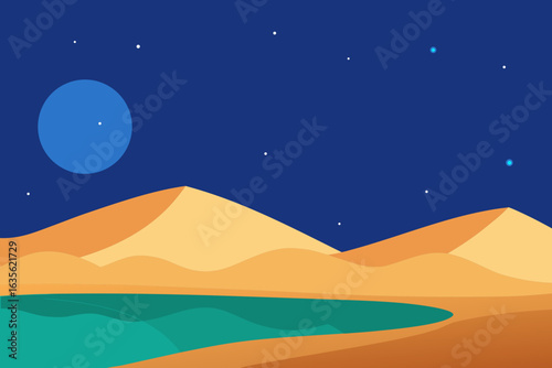 Desert oasis under a starry night sky with a large blue planet