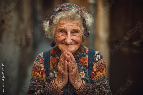 Warm atmosphere in a portrait of an emotionally grateful elderly woman