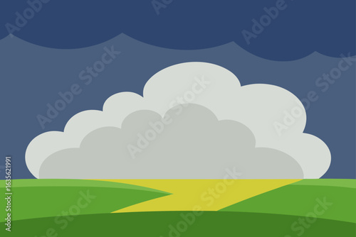Stormy sky over rolling green hills and yellow field