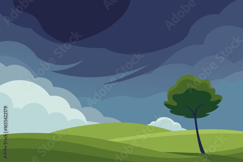 Stylized landscape with rolling green hills and a dramatic cloudy sky