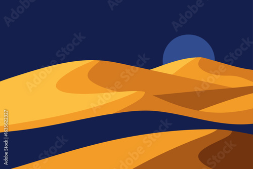 Stylized desert dunes under a dark blue sky with a blue moon