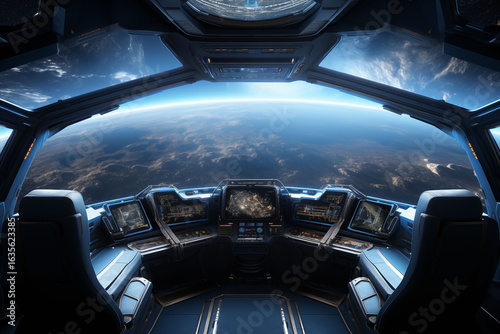 3D rendering elements of spaceship interior with view on Earth.