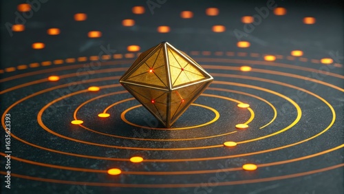Golden geometric diamond object on circular abstract background with glowing points modern futuristic design
