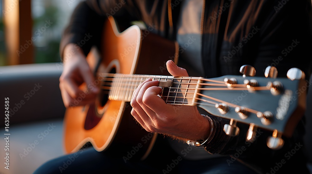 Fototapeta premium Close Up of Hands Skillfully Playing Acoustic Guitar in a Cozy Indoor Setting During Evening