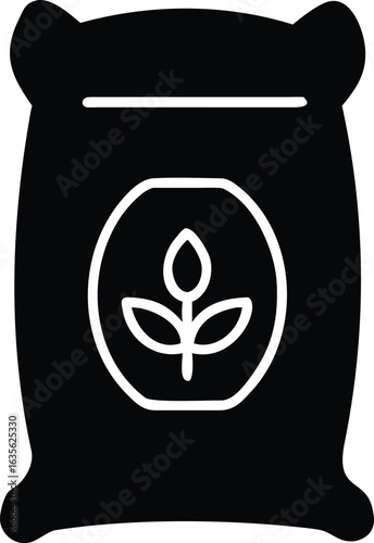 Fertilizer Bag Icon: A simple yet elegant representation of a fertilizer bag, featuring a stylized plant icon within an oval frame, rendered in a clean black and white.