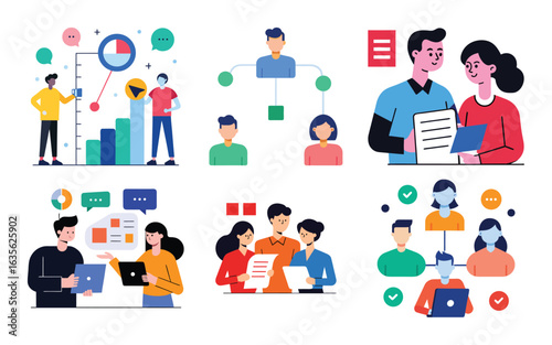 Vector art of diverse team collaborating on business strategy and project planning with charts and data analysis in a modern office setting