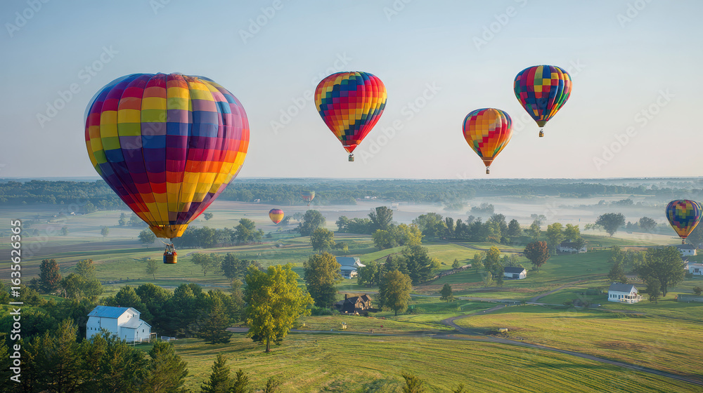 Fototapeta premium Aerial Adventure: Vivid hot air balloons soar serenely over a verdant landscape, painting a colorful panorama of adventure and freedom.