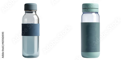 A sleek reusable water bottle with a silicone sleeve isolated on a transparent background