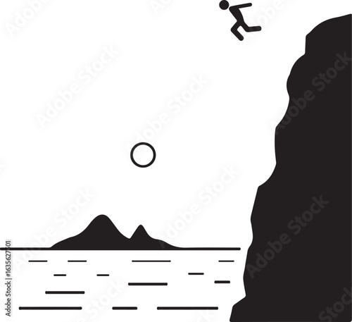 Vector art of person jumping off a cliff into the sea isolated on white background