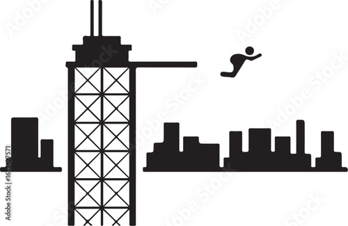 Vector art of person jumping off a skyscraper isolated on white background