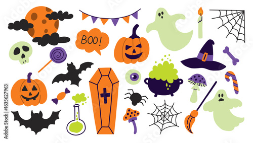 Halloween Doodle Clipart Set – Hand Drawn Vector Elements with Ghosts, Pumpkins, Candies and Witch Icons

