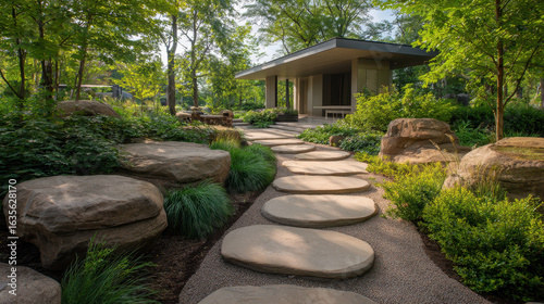 Serene Garden Pathway: Stone pathway leads to a modern minimalist building through lush, meticulously-landscaped garden, evoking feelings of peace and tranquility.