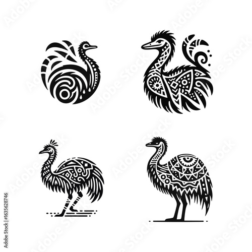 Ornate Ostrich Birds Vector Illustration Set
