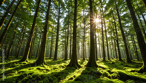 Le soleil qui traverse le feuillage d'une forêt dense.