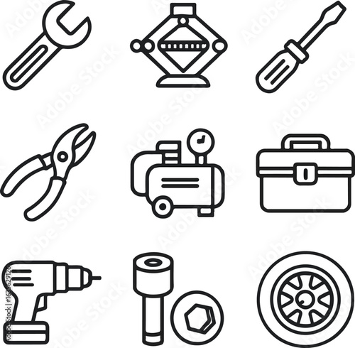 Minimalist Line Icons of Automotive Workshop Tools