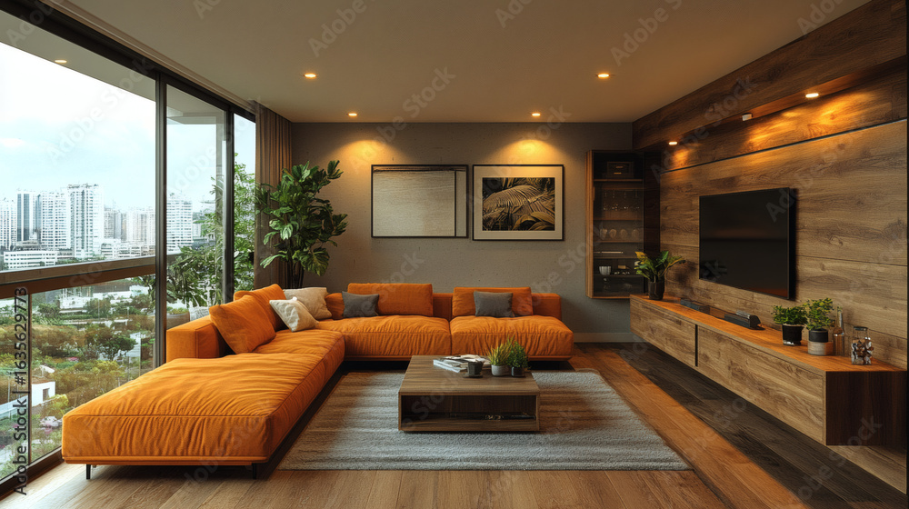 Fototapeta premium Showcase a small art deco space with warm lighting and deep color accents