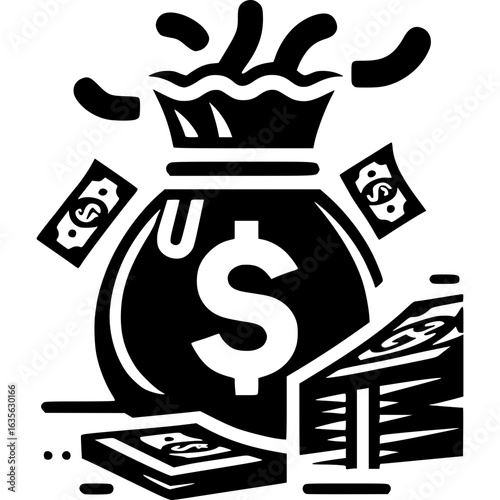 Wealth Symbol: A bold graphic illustration showcasing a brimming money bag, dollar signs, and stacks of cash, symbolizing affluence, prosperity, and financial abundance. 