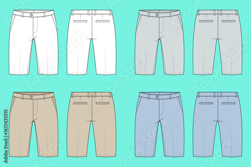 Men's Casualwear Chino Suit Shorts Colorway Set Fashion Flat Sketch Vector Illustrator Template.