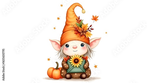  A cute gnome in an orange hat and scarf holds a sign that says 