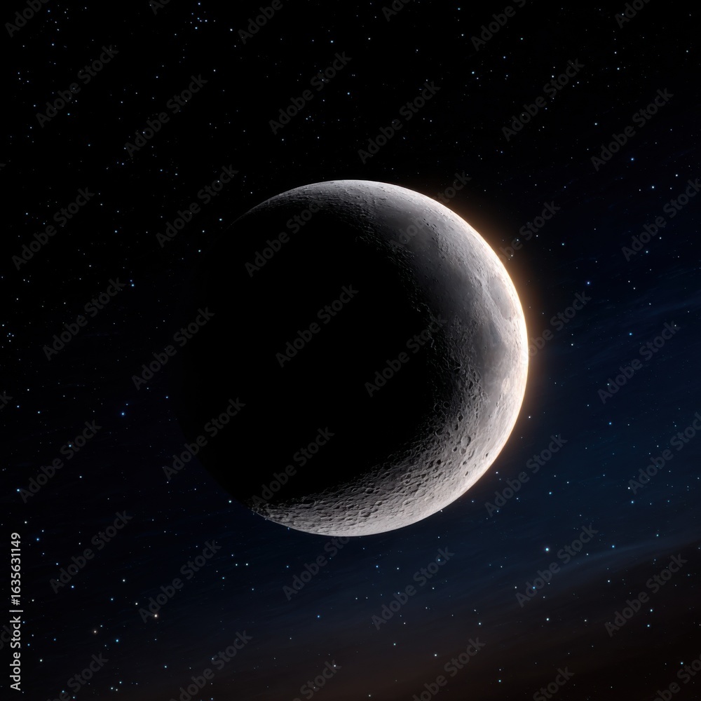 Obraz premium Glistening Crescent Moon Illuminates Night Sky with Soft Clouds Creating a Dreamy Ethereal Atmosphere Surrounded by Stars and Cosmic Beauty