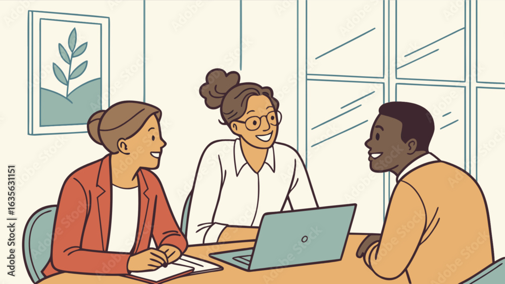 Illustration of business meeting collaboration teamwork brainstorming discussion with colleagues at office desk Illustration of business meeting collaboration teamwork brainstorming discussion with colleagues at office desk