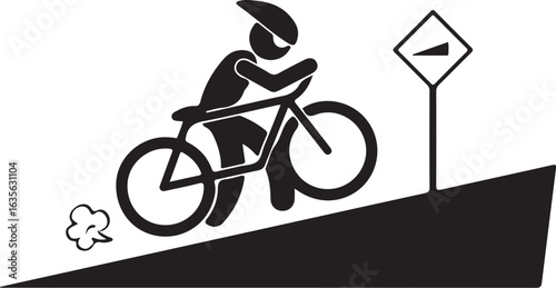 Vector art of cyclist riding a bicycle uphill on a road with a slope sign, isolated on white background