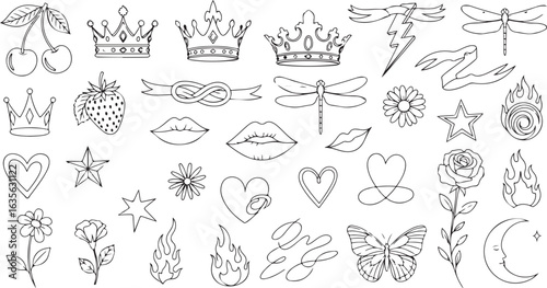 Tattoo flash sheet with various designs, including crowns, lips, hearts, and flowers illustration