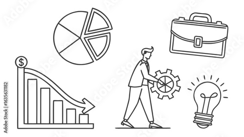Business strategy planning concept with chart gear idea and briefcase outline vector illustration