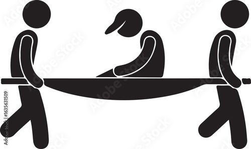 Vector art of stick figures carrying a person on a stretcher isolated on white background