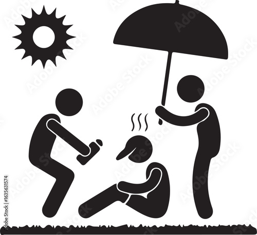 Vector art of stick figures helping a person suffering from heat stroke isolated on white background
