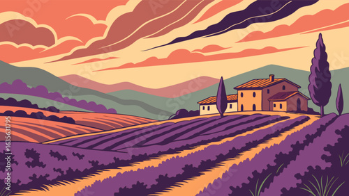Landscape painting of tuscany lavender fields with farmhouse and cypress trees art illustration design