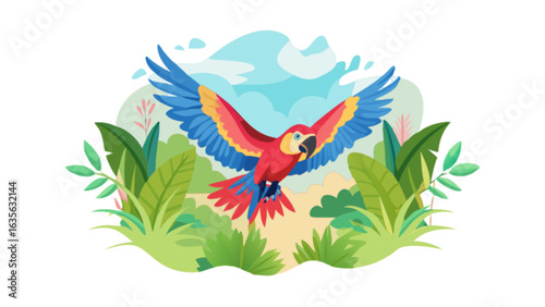 Illustration of a colorful macaw parrot flying in a tropical jungle with lush green vegetation art