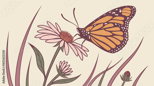 Monarch butterfly on coneflower drawing illustration vintage style nature garden insect pollinator design