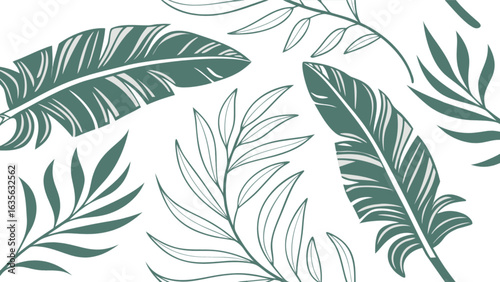 Tropical leaves pattern vector design featuring palm fronds and banana leaves for textile and background 100