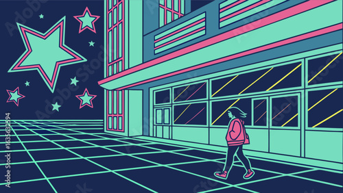 Retro cityscape illustration with stars and grid neon lights for wallpaper and background design art