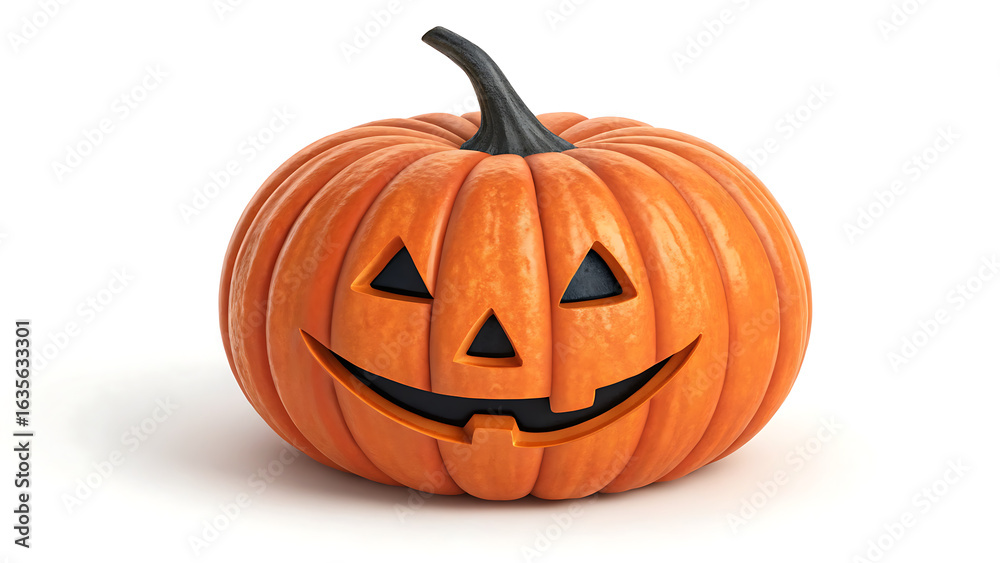 Fototapeta premium A classic carved halloween jack o lantern with a friendly smiling face and triangular eyes on a clean white background