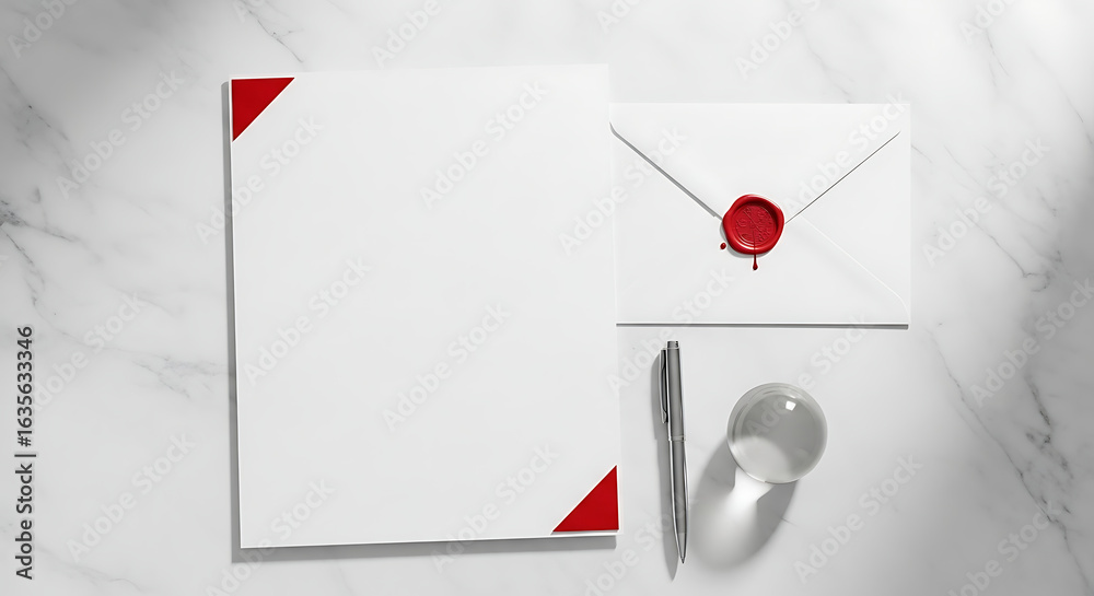 Obraz premium Blank stationery set, letterhead and envelope, with red wax seal, on a marble surface.