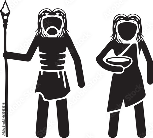 Vector art of caveman holding spear and bowl isolated on white background