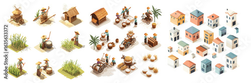 Isometric illustration of the process of farming and raising animals
