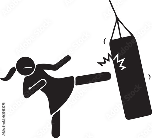 Vector art of woman is kicking punching bag isolated on white background