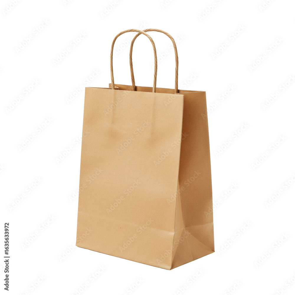 Empty simple brown kraft paper gift bag with twisted handles, natural texture, matte finish, isolated on a seamless transparent studio background with soft bright shadow-free lighting, concept for Empty simple brown kraft paper gift bag with twisted handles, natural texture, matte finish, isolated on a seamless transparent studio background with soft bright shadow-free lighting, concept for