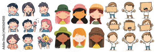 variation set of children wearing different hats illustration