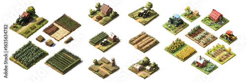 variation set of isometric farm plots and houses for agriculture and village design