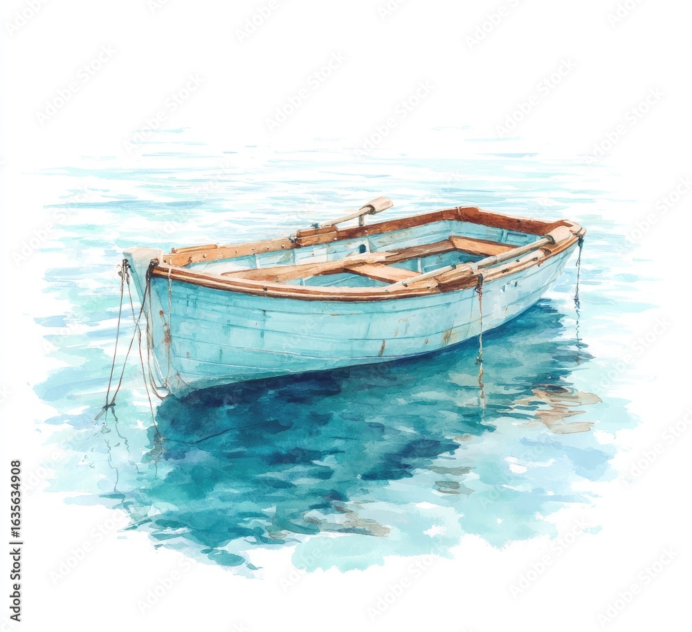Naklejka premium Light teal rowboat on placid water
