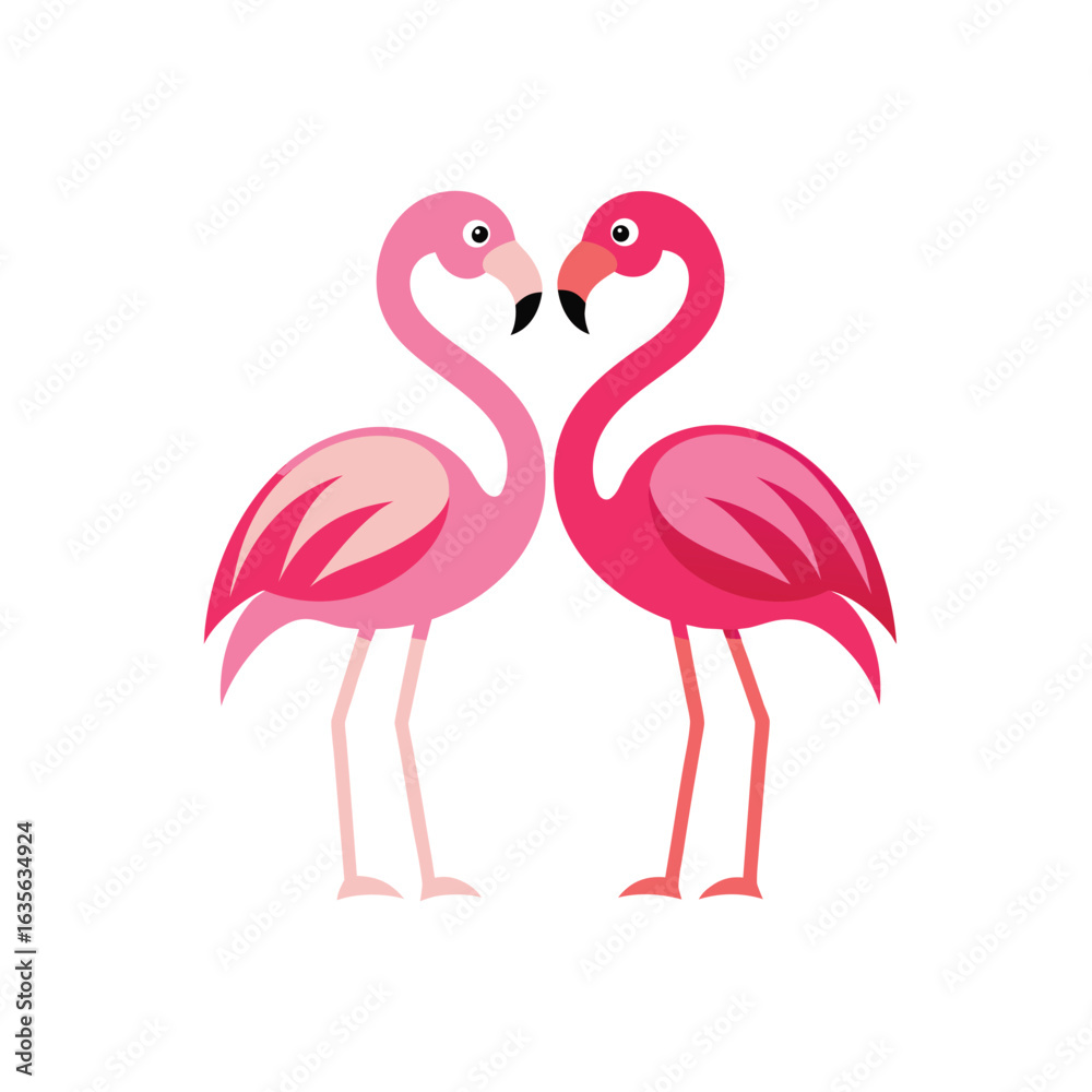 Naklejka premium Vector icon of two pink flamingos that join their heads in the shape of a heart and around them they have many hearts