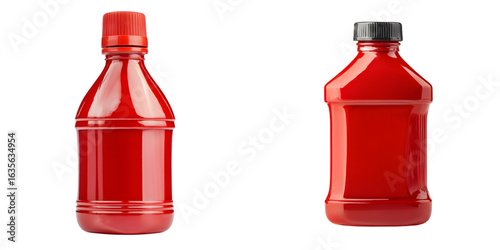 Red plastic ketchup bottle no label featuring squeeze tip easy dispensing isolated transparent background